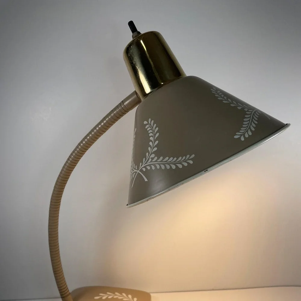 Vtg MCM Beige Goose Neck Desk Lamp Light Nightstand Lamp Cottagecore Decor